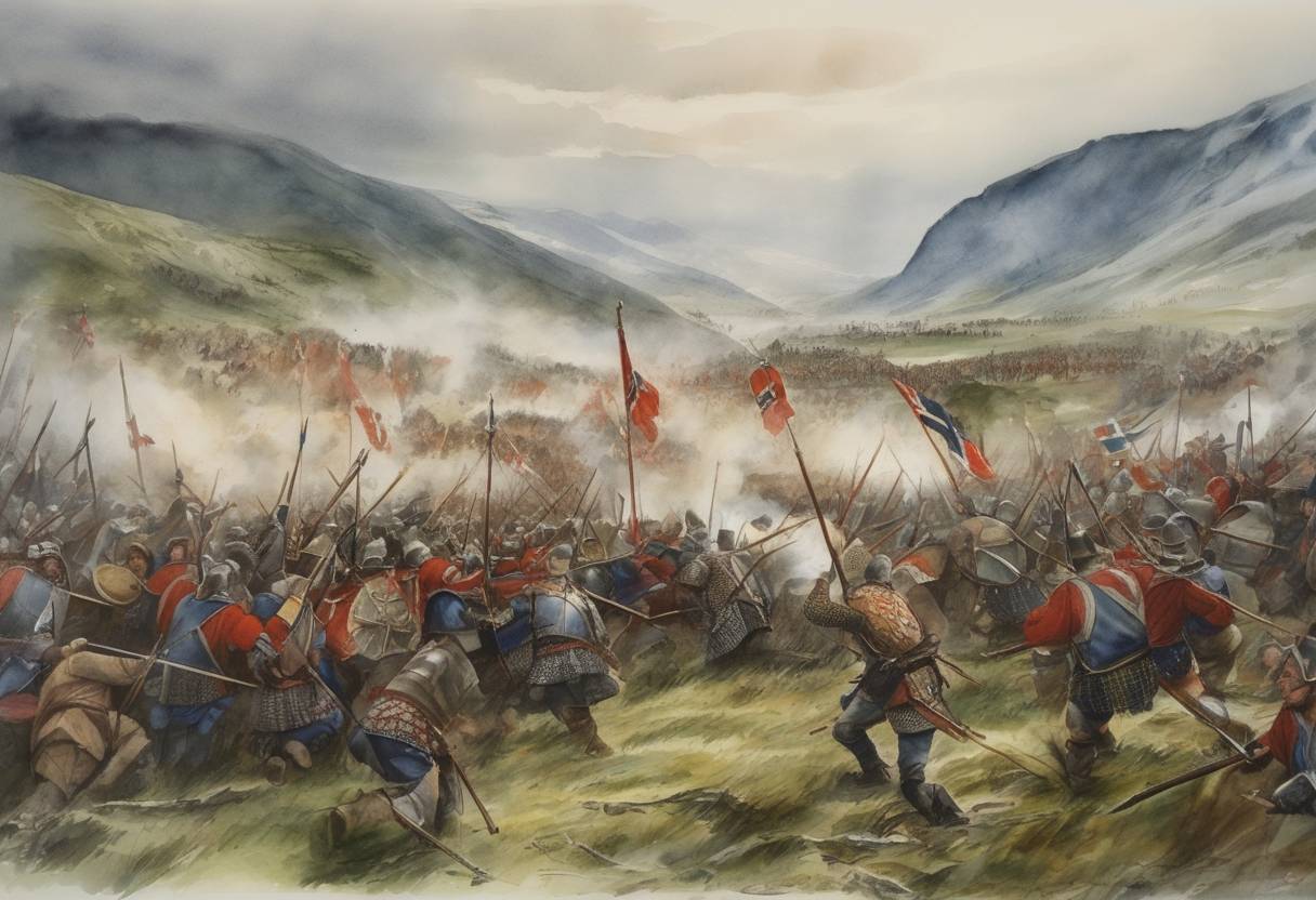Watercolor painting based depiction of The Battle of Stiklestad took place, a pivotal event in which the forces of the Norwegian King Olaf II Haraldsson were defeated by a coalition of his enemies. This battle led to the later canonization of Olaf, who became known as Saint Olaf, Norway's patron saint. (1030)