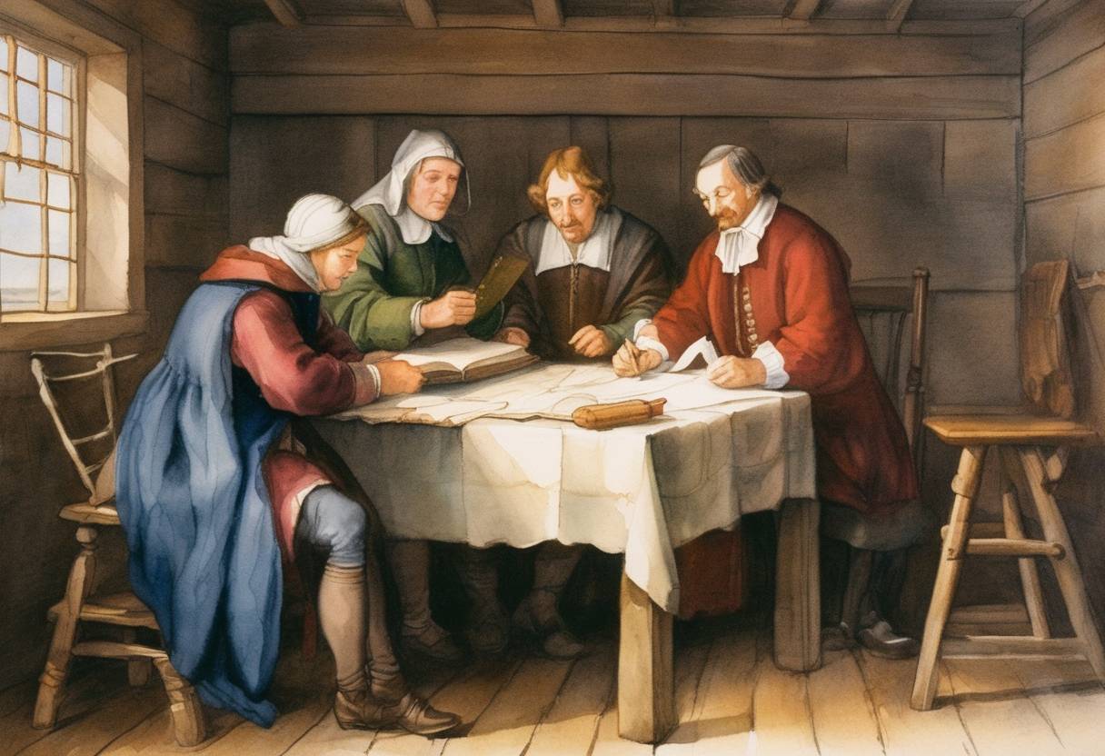 Watercolor painting based depiction of The Mayflower Compact is signed by Pilgrims at Cape Cod. (1620)
