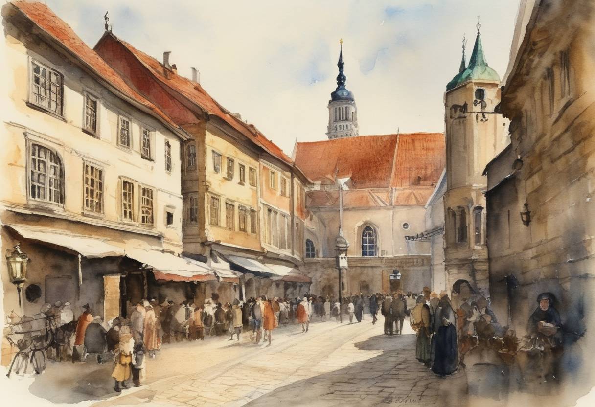 Watercolor painting based depiction of The first recorded mention of the city of Zagreb in medieval documents called 'Zagreb's Assembly.' (988)