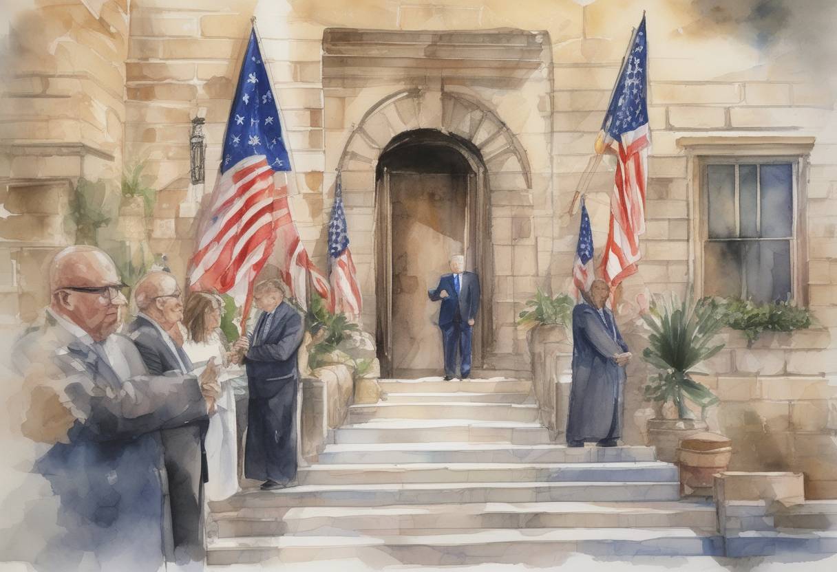 Watercolor painting based depiction of The United States officially opens its embassy in Jerusalem, following President Donald Trump's recognition of the city as Israel's capital, a move that sparked international controversy and protests. (2018)