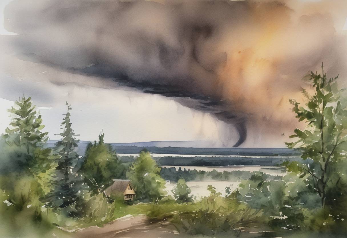 Watercolor painting based depiction of A rare tornado struck the Ottawa-Gatineau region in Canada, leading to significant property damage but no fatalities, marking an unusual weather event for the area. (2023)