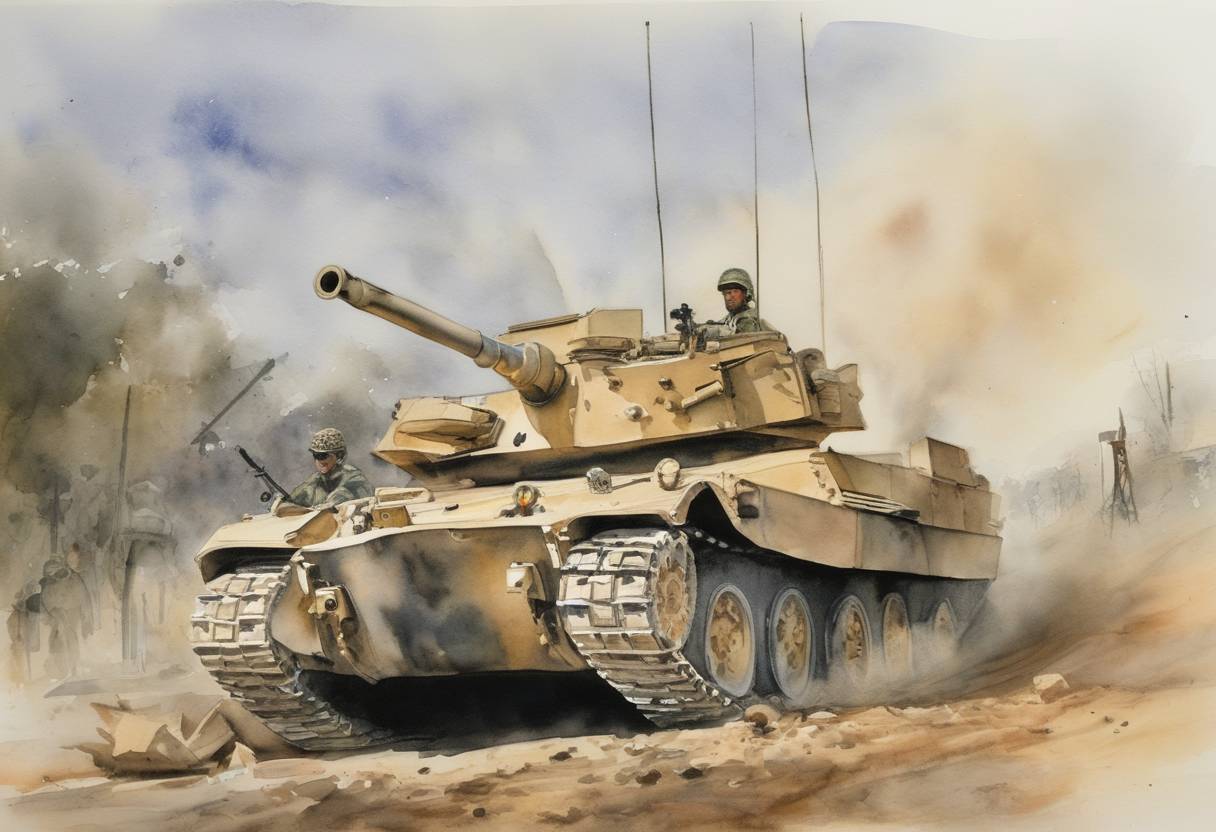 Watercolor painting based depiction of U.S. President George H. W. Bush called for a stronger embargo against Iraq following its invasion of Kuwait, marking a significant escalation in the international response to the Gulf War conflict. (1990)