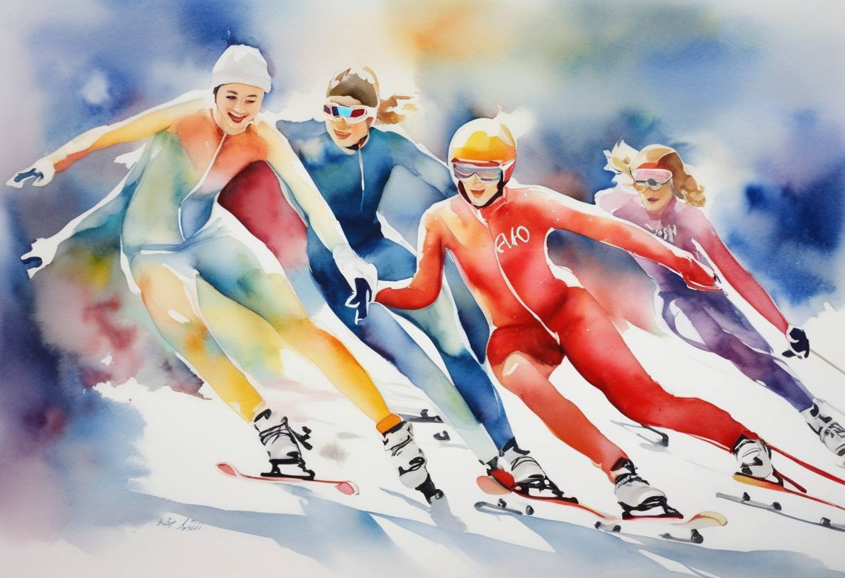 Watercolor painting based depiction of The 2014 Winter Olympics continued in Sochi, Russia, showcasing events in figure skating, skiing, and other winter sports. (2014)