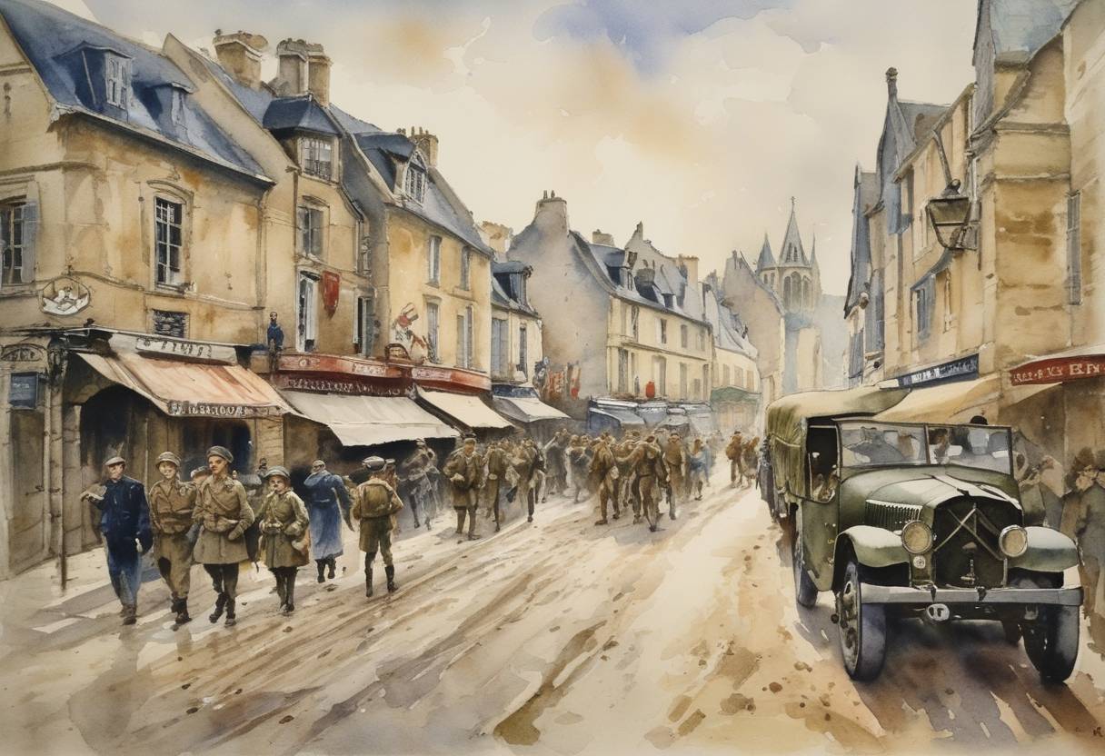 Watercolor painting based depiction of The Allies liberate Bayeux, the first city in France freed after D-Day during World War II. (1944)