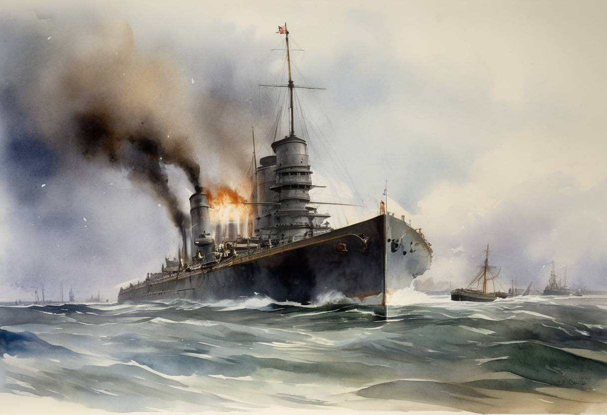 Watercolor painting based depiction of The HMS Dreadnought, a revolutionary battleship that set a new standard for naval engineering, was launched by the British Royal Navy. It was the first battleship of its kind to feature an 'all-big-gun' armament and steam turbine propulsion, drastically altering naval architecture and leading to the subsequent naval arms race before World War I. (1906)