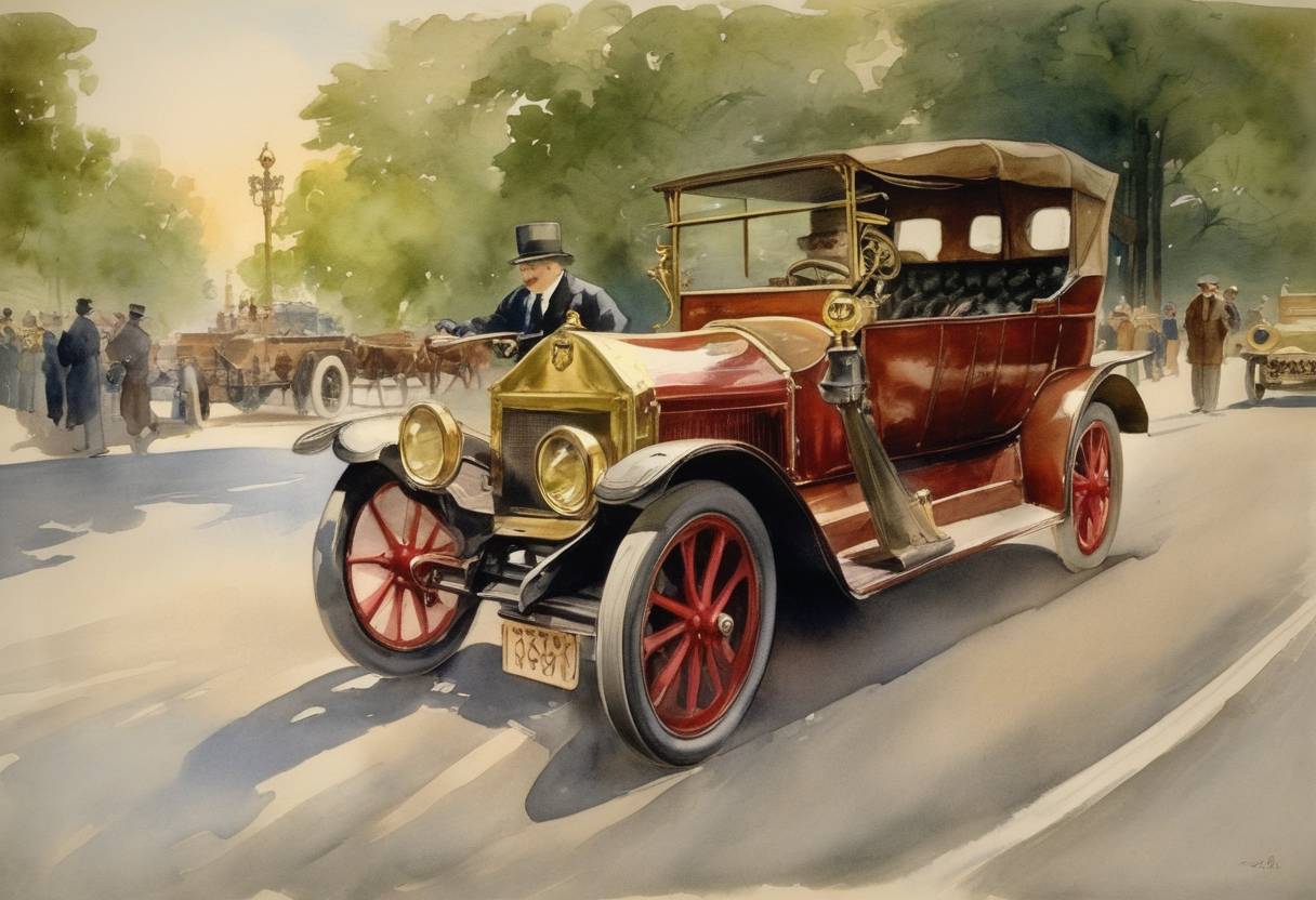 Watercolor painting based depiction of U.S. Congress issues a speed limit for automobiles in Washington D.C. (1910)