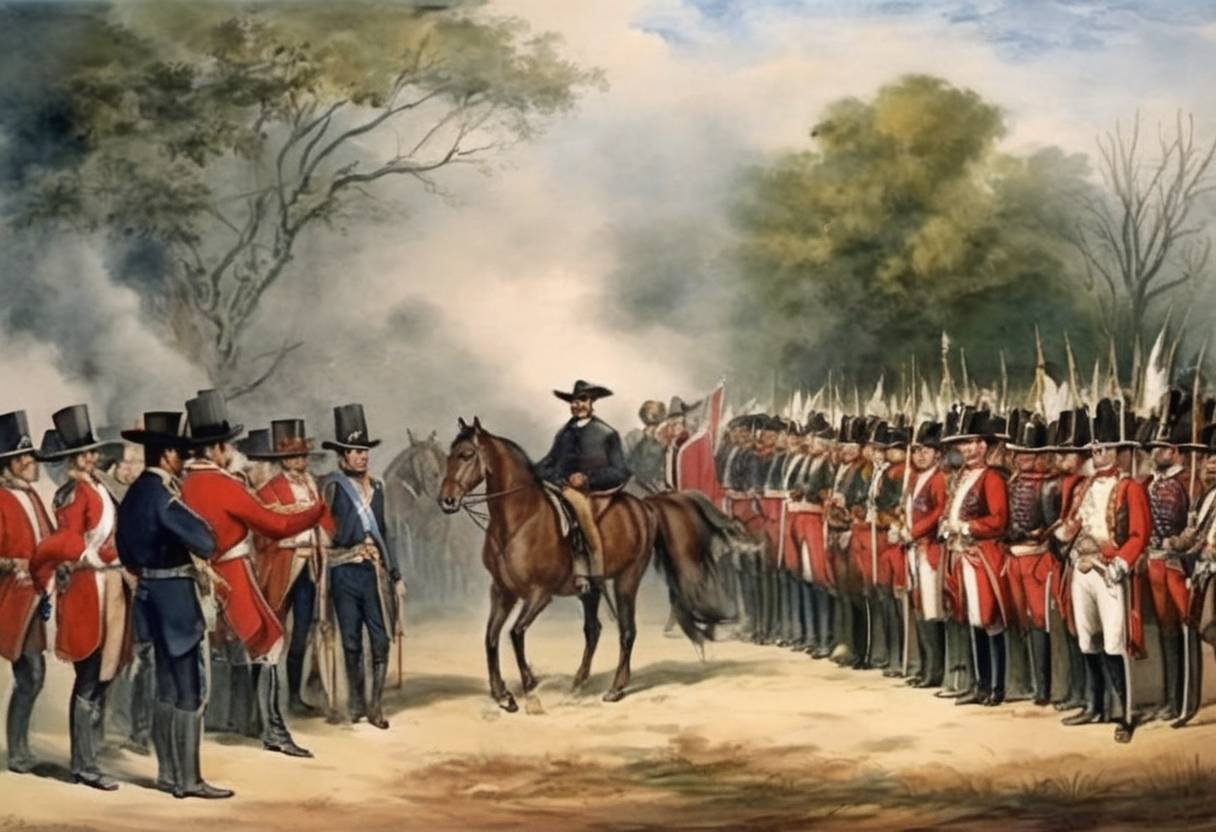 Watercolor painting based depiction of The Treaty of Velasco is signed, following the Battle of San Jacinto, effectively ending the Texas Revolution. General Santa Anna of Mexico is compelled to sign the treaty, granting Texas its independence. (1836)