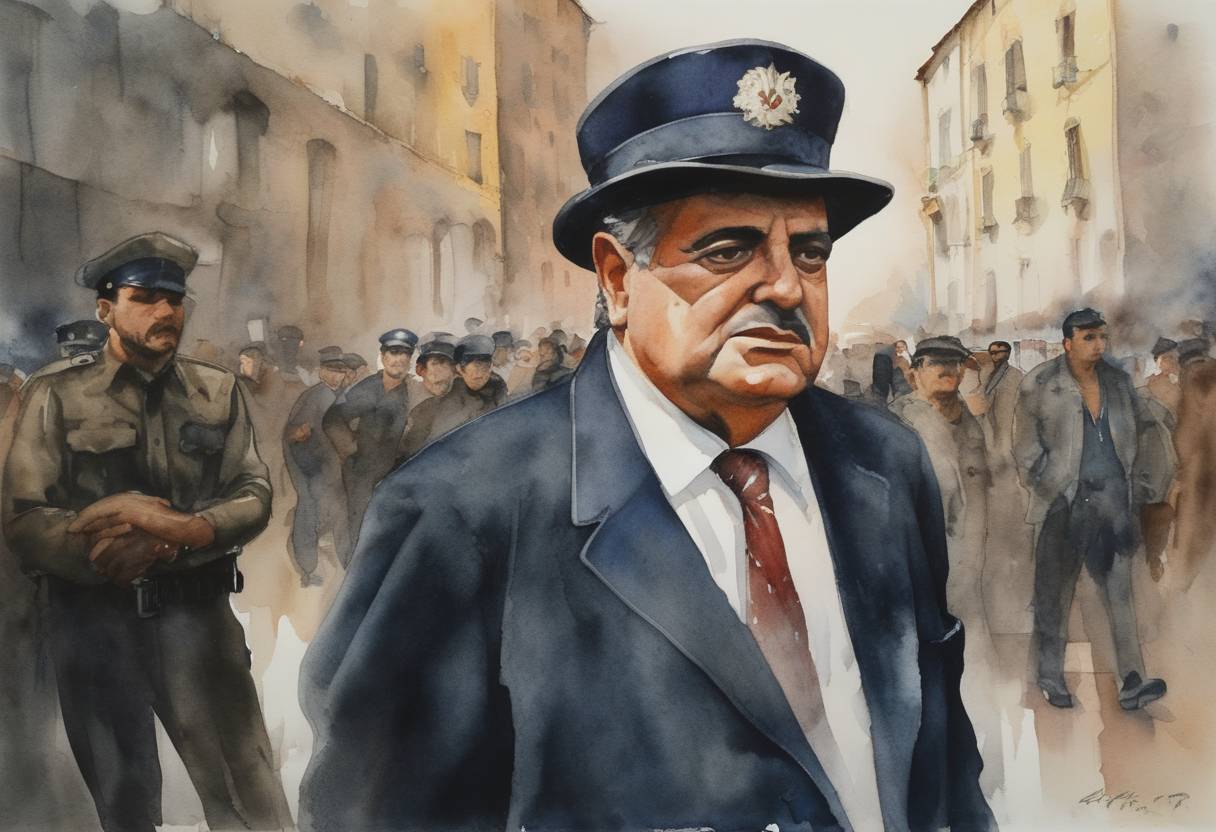 Watercolor painting based depiction of In an effort to curb the rising power of organized crime, the Italian police arrested Salvatore Riina, one of the most powerful Mafia bosses in Sicily. (1993)