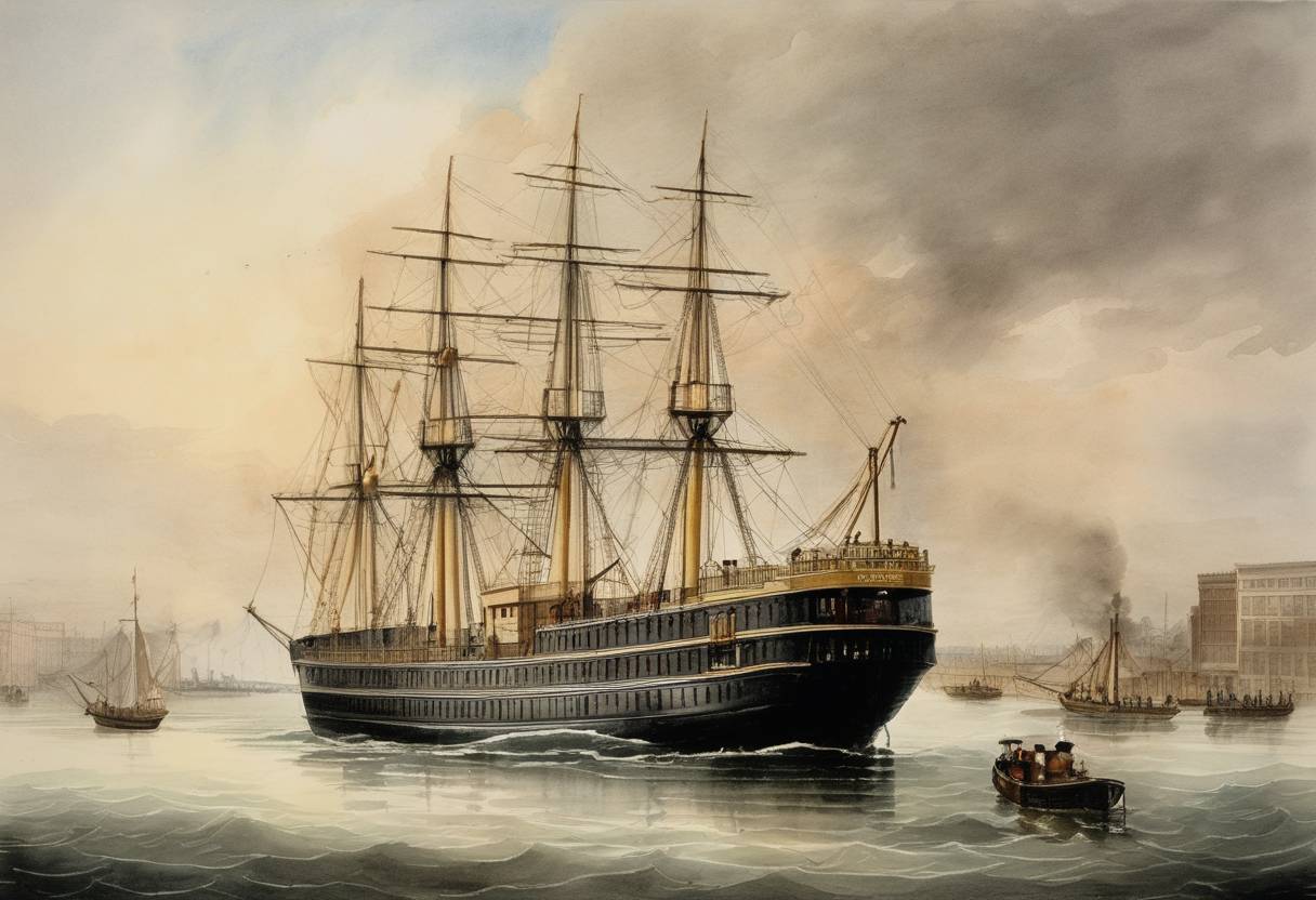 Watercolor painting based depiction of The Savannah, a steamboat, became the first steam-powered ship to successfully cross the Atlantic Ocean, arriving in Liverpool, England. It sailed from Savannah, Georgia, marking a significant advancement in maritime technology. (1819)