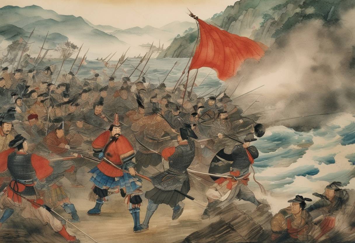 Watercolor painting based depiction of Admiral Yi Sun-sin defeats the Japanese in the Battle of Myeongnyang. (1597)