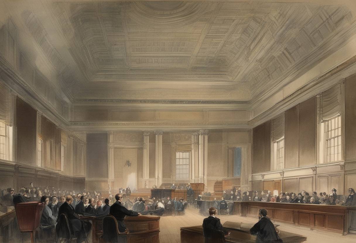 Watercolor painting based depiction of The Massachusetts Supreme Judicial Court ruled in Roberts v. Boston, upholding the legality of racially segregated schools in Boston. This decision was later influential in the landmark U.S. Supreme Court case Plessy v. Ferguson in 1896. (1852)