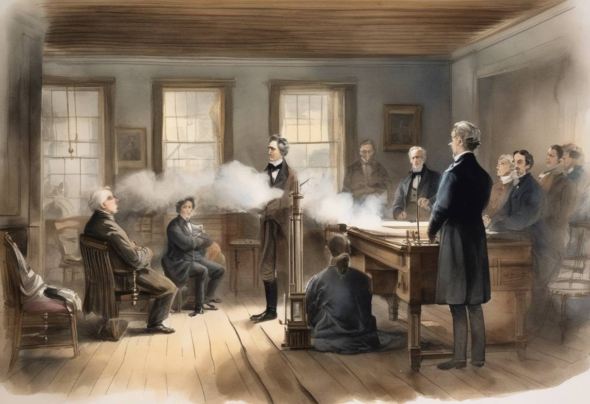 Watercolor painting based depiction of The first public demonstration of the telegraph, developed by Samuel Morse, took place. (1838)