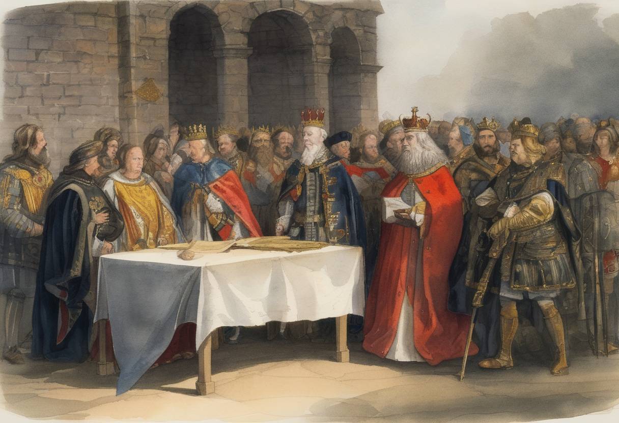 Watercolor painting based depiction of A treaty was signed forming the Kalmar Union between Denmark and Sweden, which was later joined by Norway. This union united the kingdoms under a single monarch, Queen Margaret I of Denmark, in an effort to create a consolidated political entity in Scandinavia. (1386)