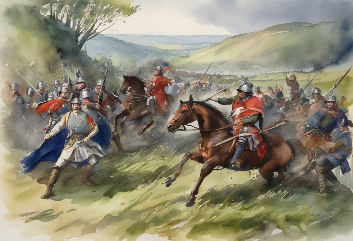 Watercolor painting based depiction of Scottish resistance leader Andrew Moray dies of wounds sustained during the Battle of Stirling Bridge in September 1297, a crucial victory for the Scots in the First War of Scottish Independence. (1296)