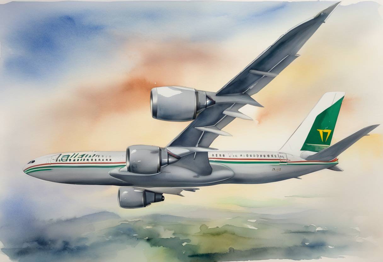 Watercolor painting based depiction of On January 2, 2022, the new joint venture airline ITA Airways took over Alitalia's slots, becoming Italy's new flagship carrier and officially starting operations. (2022)