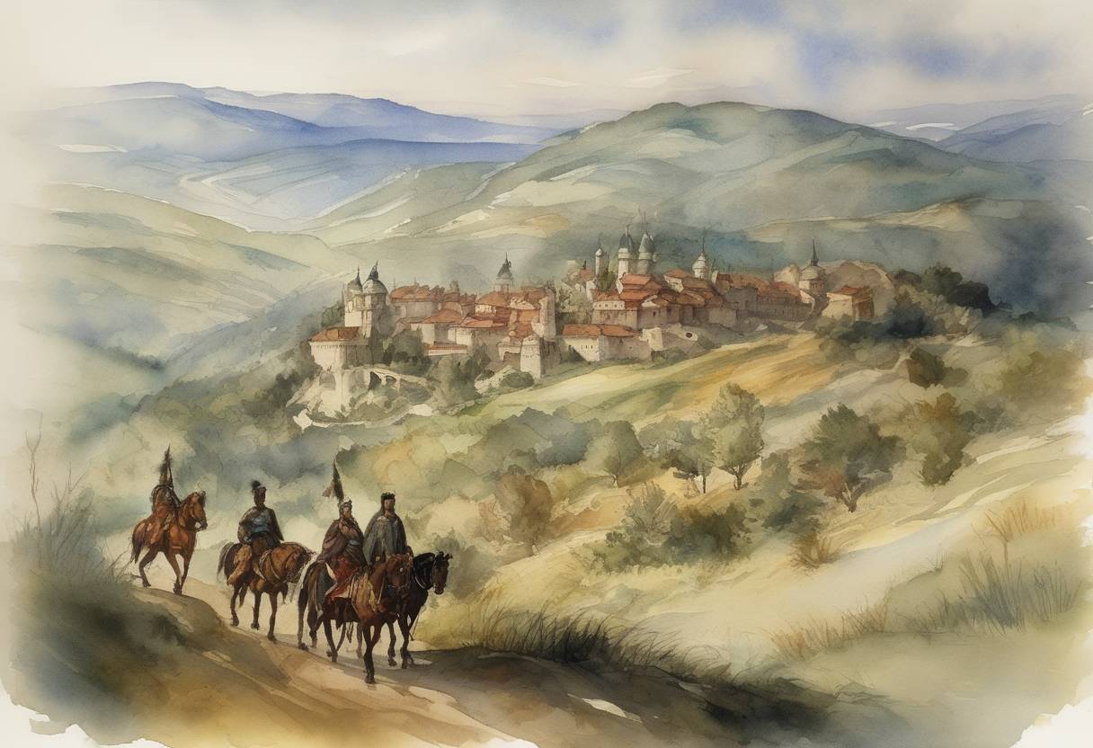 Watercolor painting based depiction of The Serbian Empire reaches its greatest territorial extent under Emperor Stefan Uroš V. (1362)