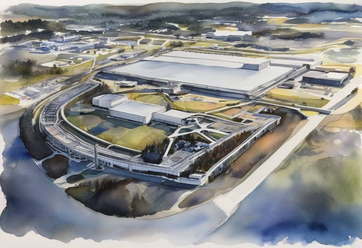 Watercolor painting based depiction of The National Synchrotron Light Source II (NSLS-II) at the Brookhaven National Laboratory officially began operations, representing a major advancement in materials science and biology research facilities in the U.S. (2019)