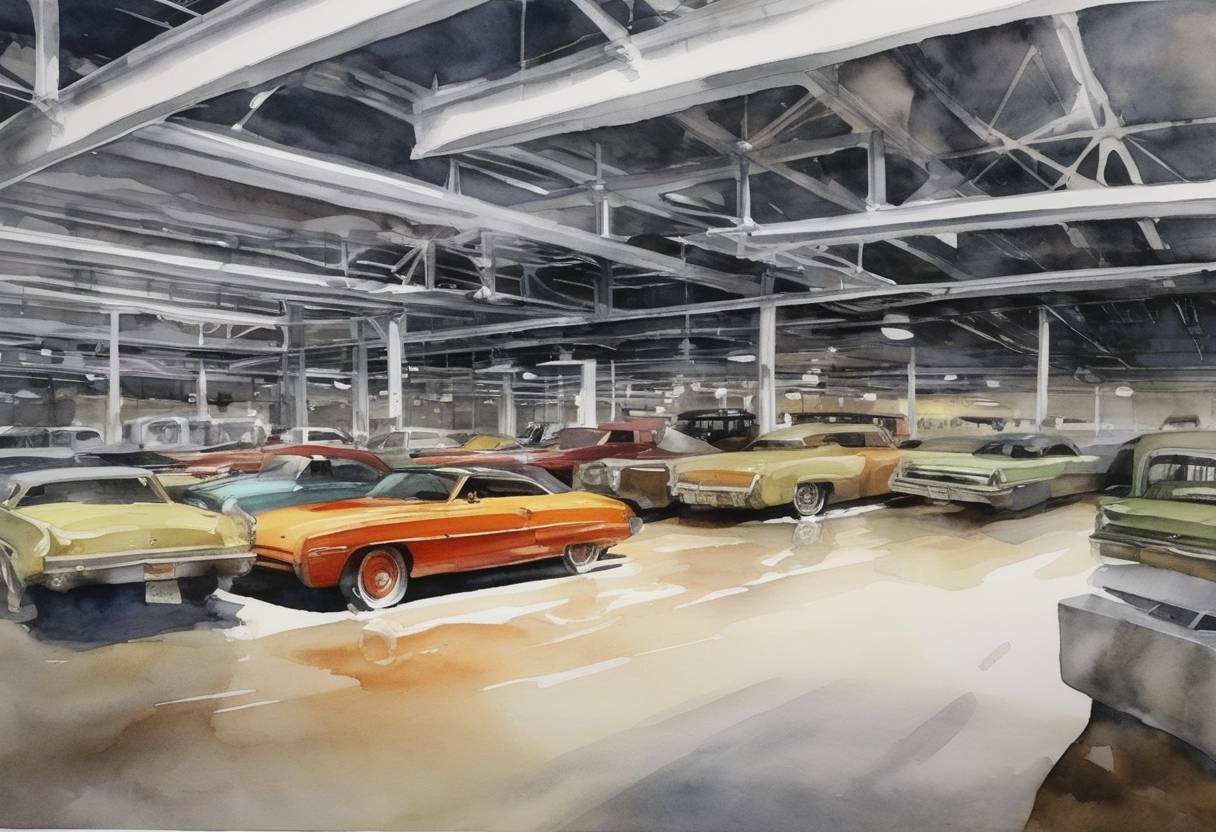 Watercolor painting based depiction of In the United States, the last day of the General Motors (GM) 2008 liquidation, as the automaker closed several of its factories and brands due to severe financial losses. (2008)