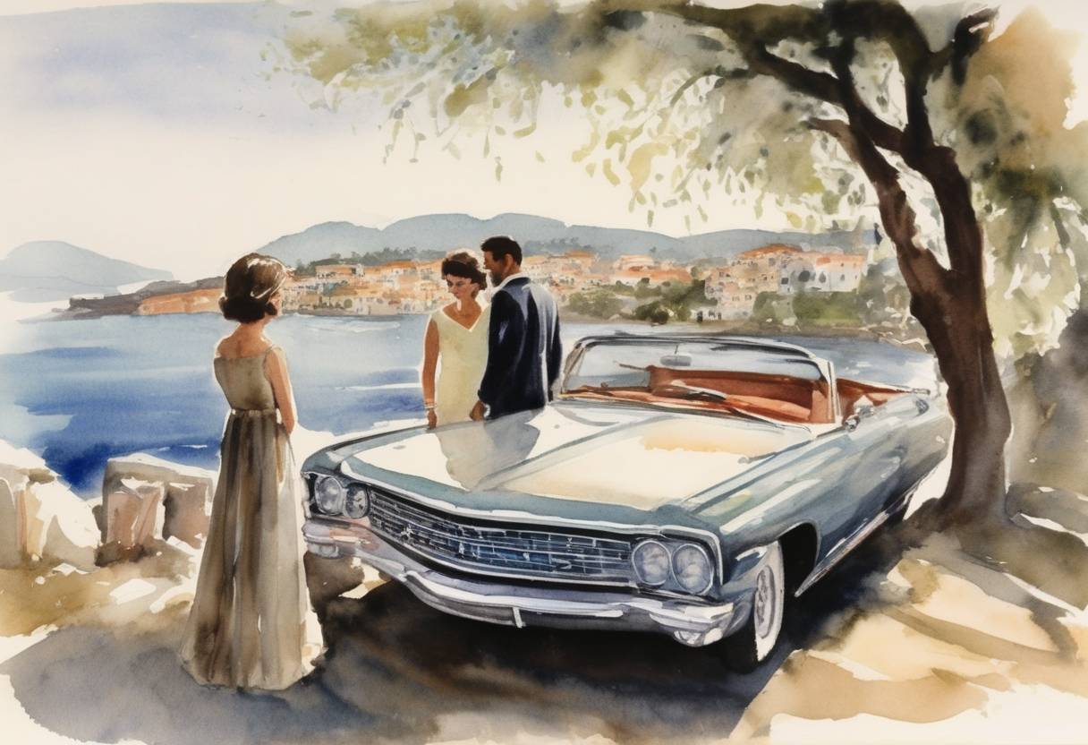 Watercolor painting based depiction of The body of former First Lady Jacqueline Kennedy marries Greek shipping magnate Aristotle Onassis on the island of Skorpios. (1968)