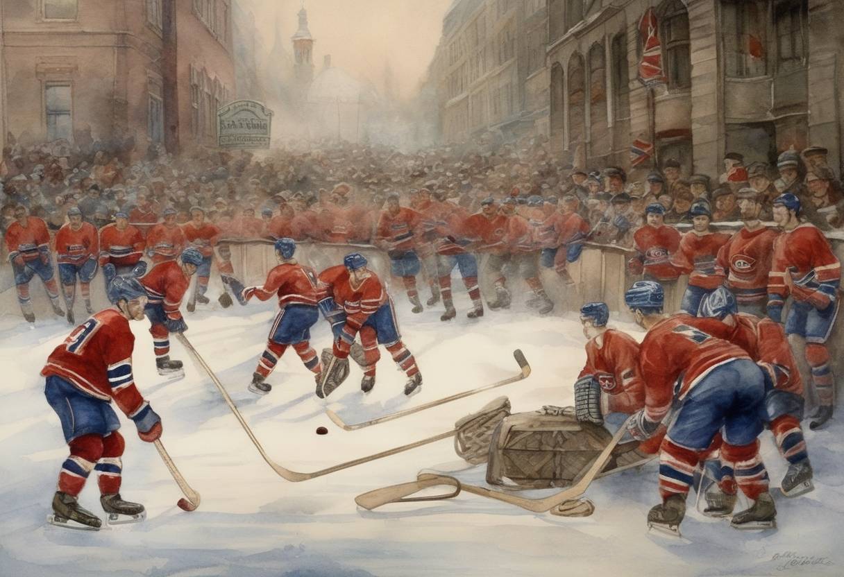 Watercolor painting based depiction of The Montreal Canadiens ice hockey team was founded as a part of the National Hockey Association, which later became the NHL. (1909)