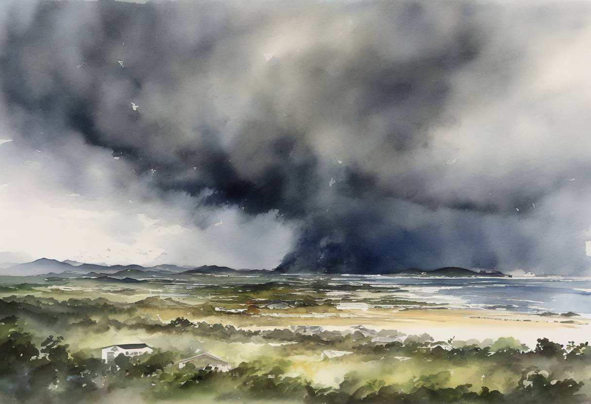 Watercolor painting based depiction of Typhoon Hinnamnor, classified as a super typhoon, struck Okinawa, Japan, causing significant damage and forcing evacuations as it made its way toward South Korea and China. (2022)