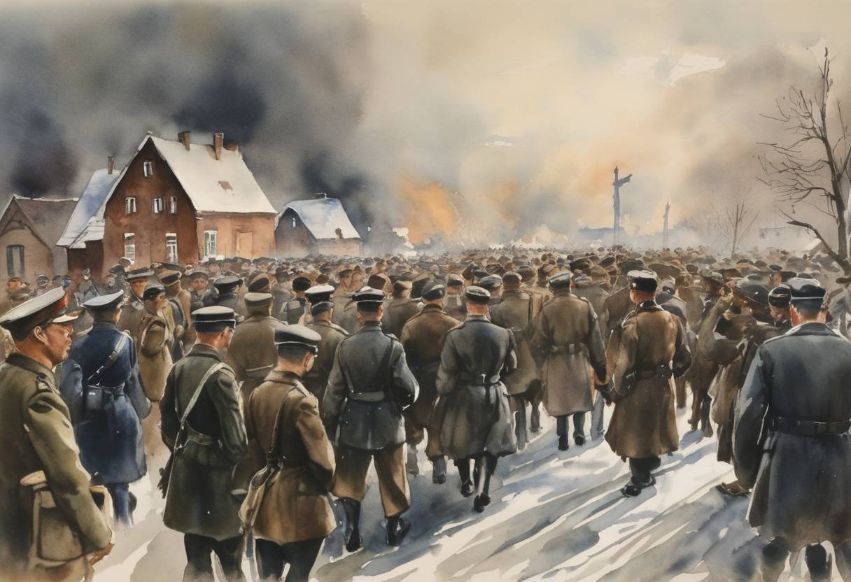 Watercolor painting based depiction of Poland's last troops surrendered to Nazi Germany, concluding the Invasion of Poland which marked the beginning of World War II in Europe. (1939)