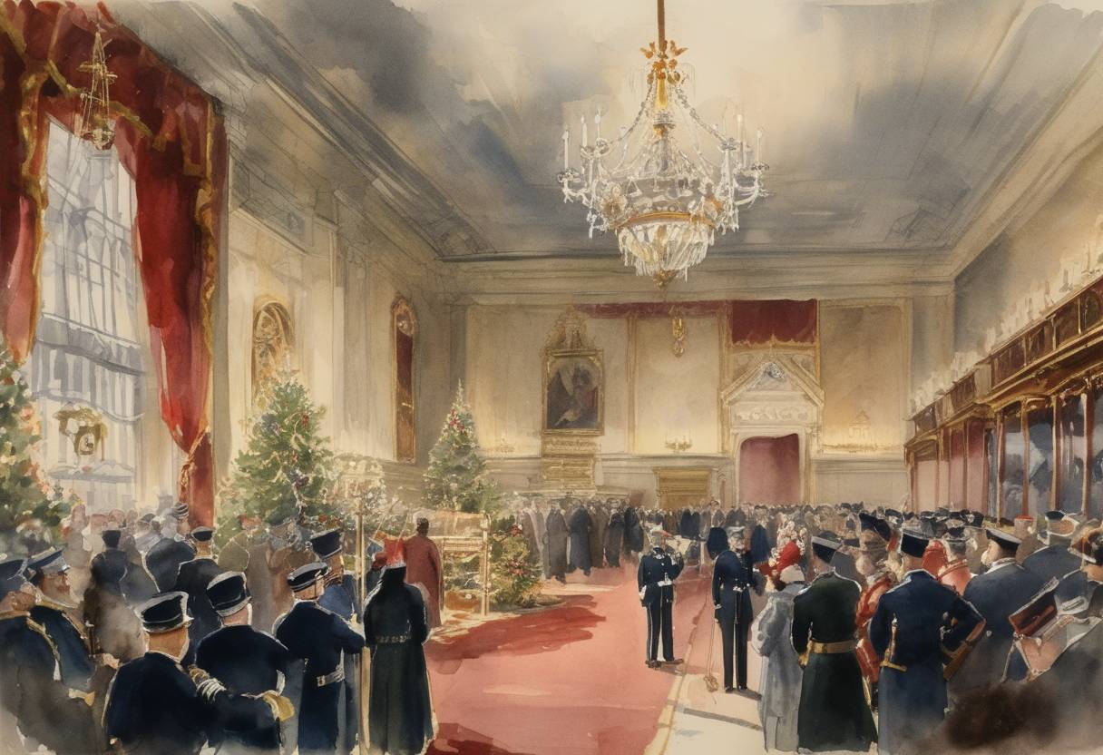 Watercolor painting based depiction of King George V delivered the first Royal Christmas Message to the British Empire, establishing a tradition of annual Christmas broadcasts. (1932)