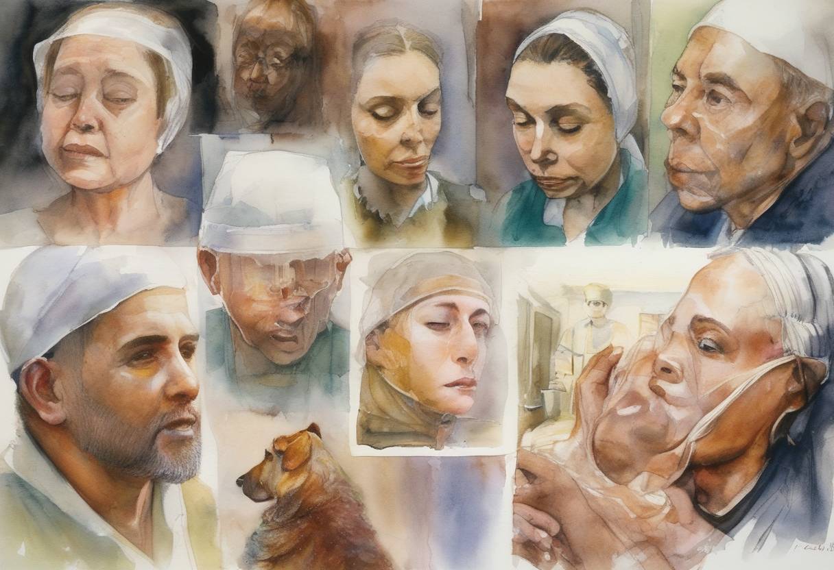 Watercolor painting based depiction of The first human face transplant was conducted by French surgeons on Isabelle Dinoire, who had been mauled by her dog. The operation took place in Amiens, France. (2005)