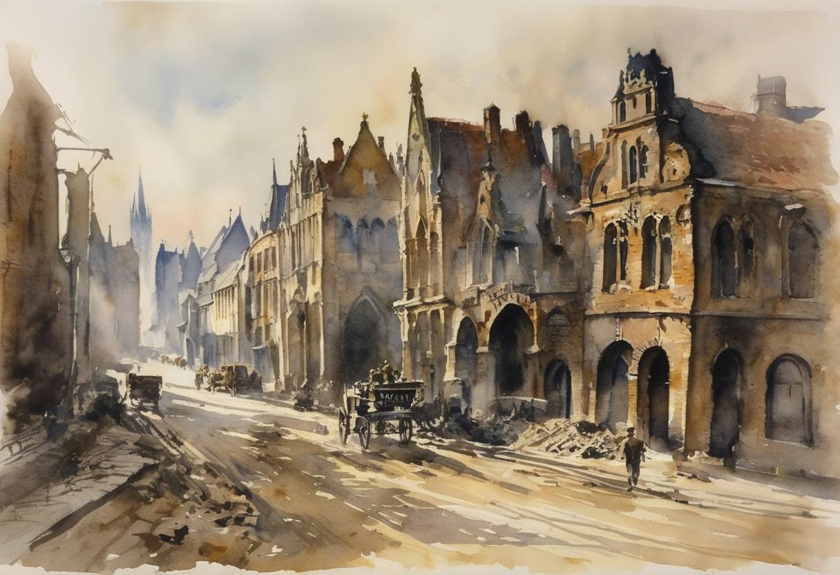 Watercolor painting based depiction of World War II: The city of Ypres was liberated by Allied forces. (1944)