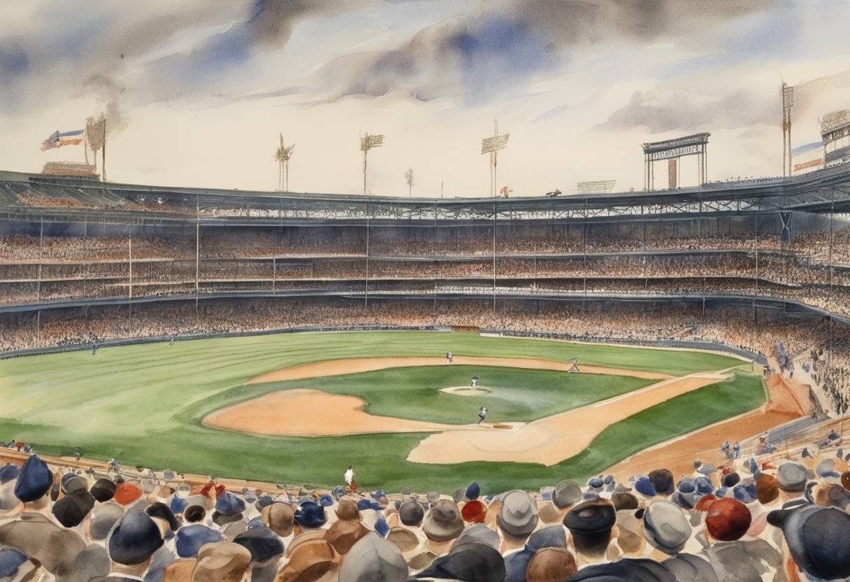 Watercolor painting based depiction of The New York Giants defeated the Washington Senators to win the 1943 World Series. (1943)