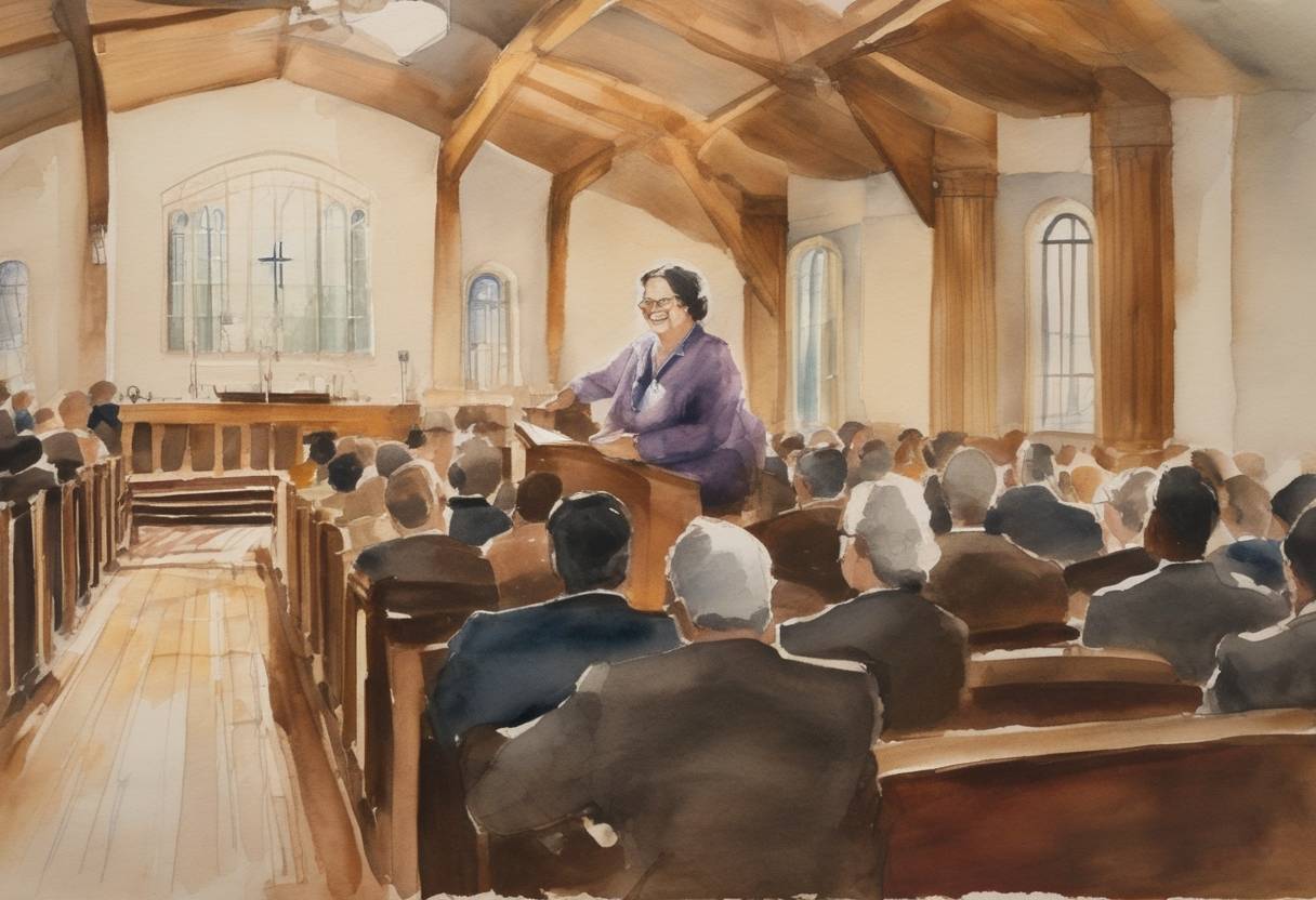 Watercolor painting based depiction of Paula Ackerman becomes the first woman in the United States to assume religious leadership of a mainstream synagogue when she leads the congregation of Temple Beth Israel in Meridian, Mississippi, following the death of her husband Estevan, its rabbi. (1950)