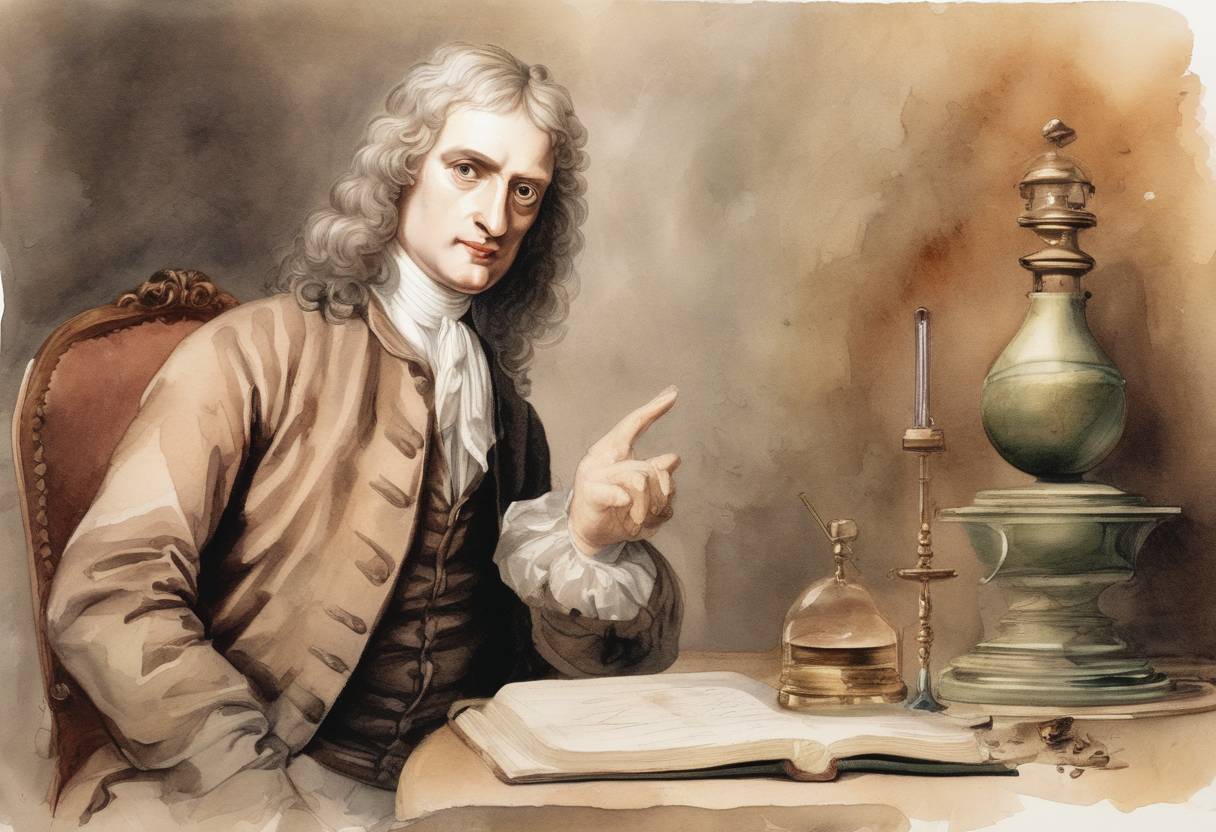 Watercolor painting based depiction of Isaac Newton, one of the most influential scientists of all time, was born in Woolsthorpe, England. (1642)