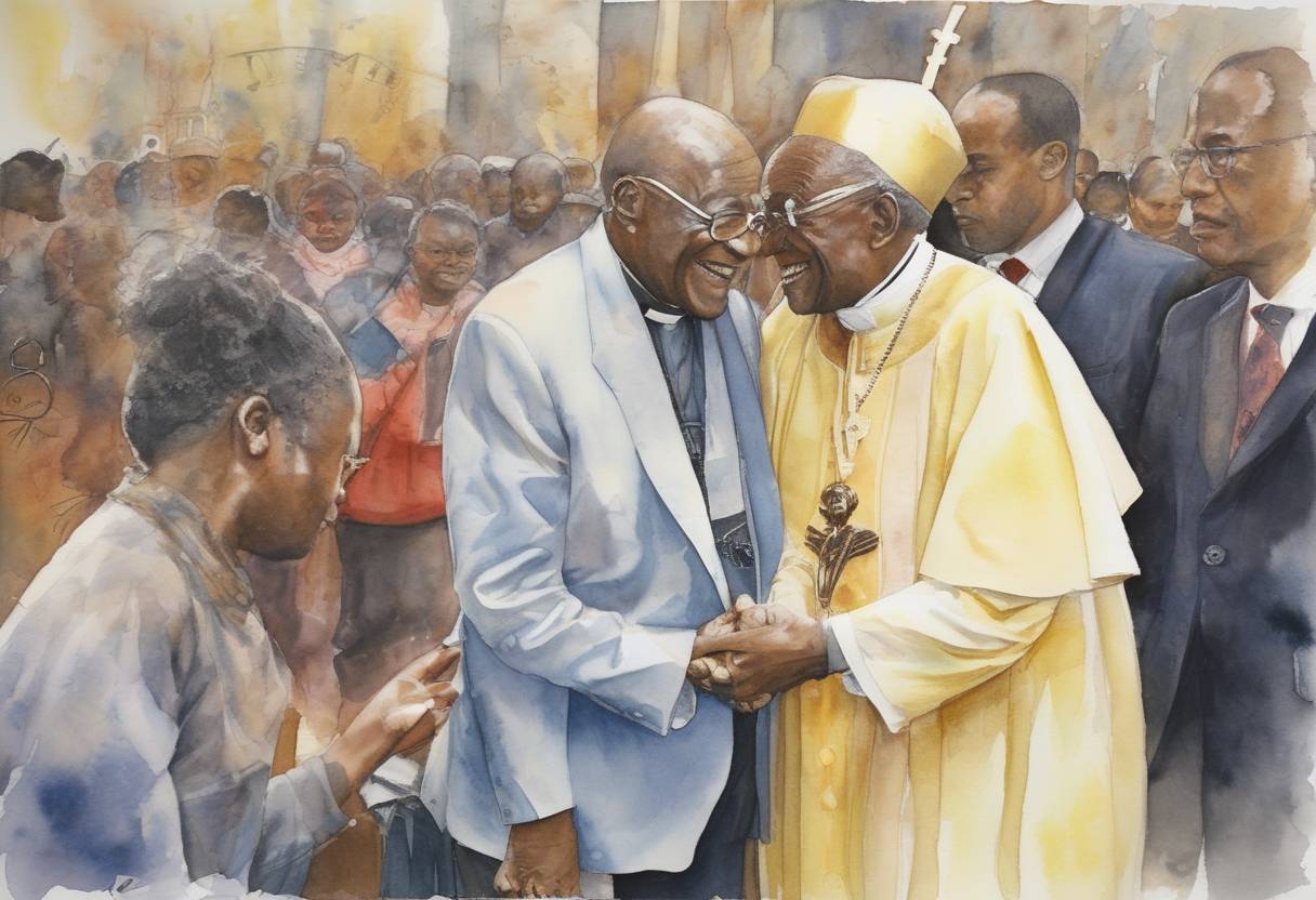 Watercolor painting based depiction of South African Bishop Desmond Tutu received the Nobel Peace Prize for his role as a unifying leader in the campaign to resolve the problem of apartheid in South Africa. (1984)