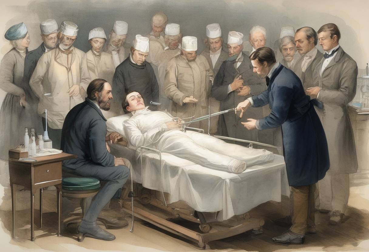 Watercolor painting based depiction of William T. G. Morton administers ether anesthesia for the first time in a public demonstration at the Massachusetts General Hospital in Boston, marking a significant advancement in medical surgery. (1846)