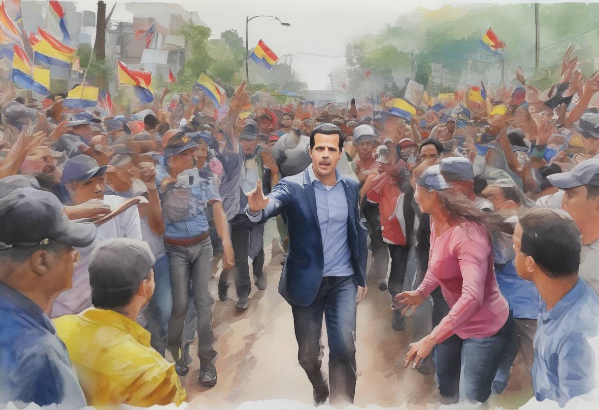 Watercolor painting based depiction of Venezuelan opposition leader Juan Guaidó attempts to bring humanitarian aid into Venezuela from Colombia, leading to clashes at the border as President Nicolás Maduro's government blocks the aid, escalating the political crisis in the country. (2019)