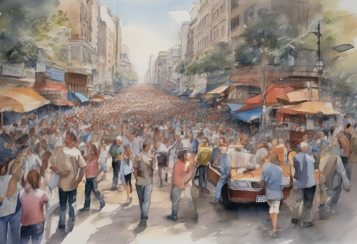 Watercolor painting based depiction of The Argentine economic crisis reached a critical point as President Fernando de la Rúa declared a state of emergency amid widespread protests and riots. The crisis was characterized by a severe recession, high unemployment, and a banking freeze. (2001)