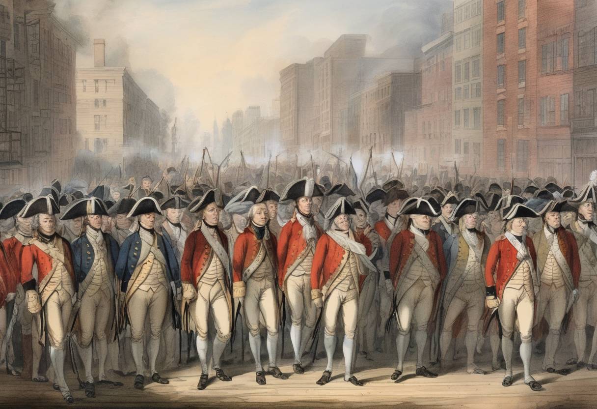 Watercolor painting based depiction of The last British troops leave New York City, marking the end of British occupation in the United States after the American Revolutionary War. (1783)