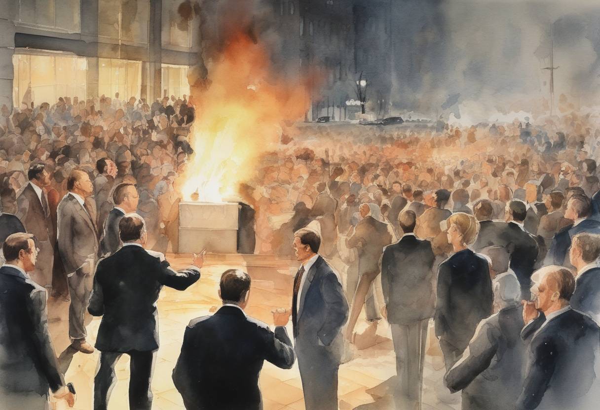 Watercolor painting based depiction of The Saturday Night Massacre occurred when U.S. President Richard Nixon ordered the firing of Watergate special prosecutor Archibald Cox, leading to the resignations of Attorney General Elliot Richardson and Deputy Attorney General William Ruckelshaus. (1973)