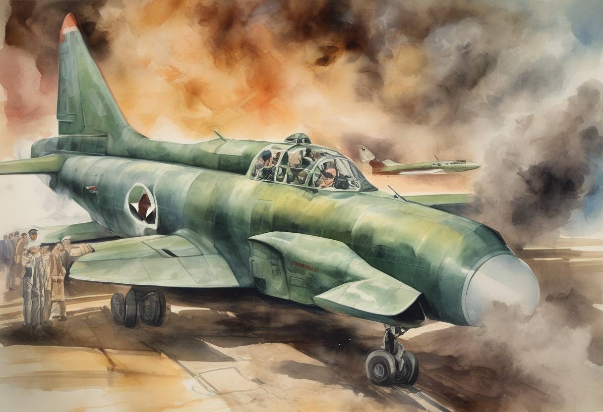 Watercolor painting based depiction of The Cuban Missile Crisis officially ended when Soviet Premier Nikita Khrushchev agreed to remove Soviet missiles from Cuba, and the United States, led by President John F. Kennedy, agreed to remove American missiles from Turkey, thus averting a potential nuclear conflict. (1962)