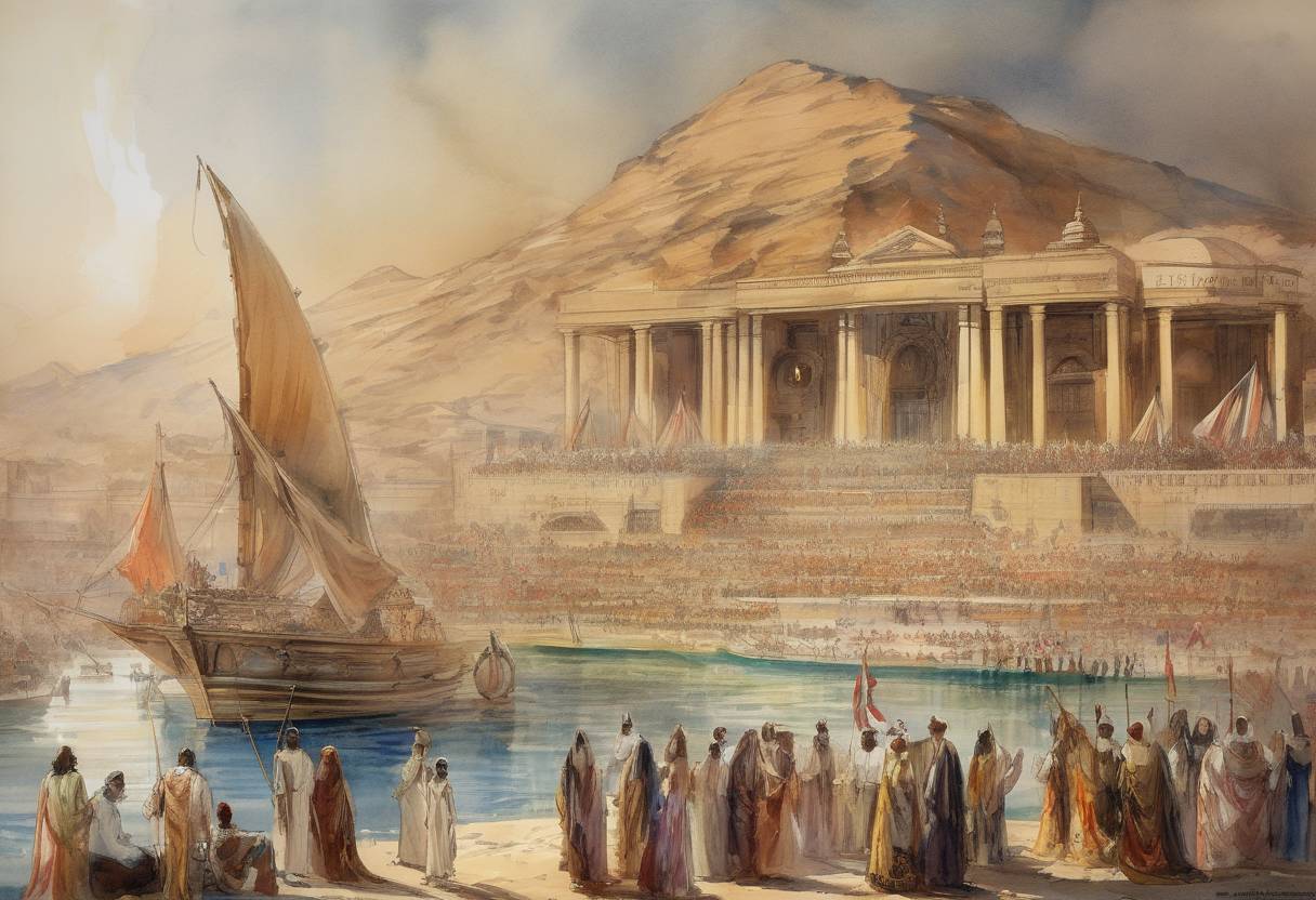 Watercolor painting based depiction of Giuseppe Verdi's opera "Aida" premiered in Cairo, Egypt, marking a significant cultural event in the history of opera. (1900)