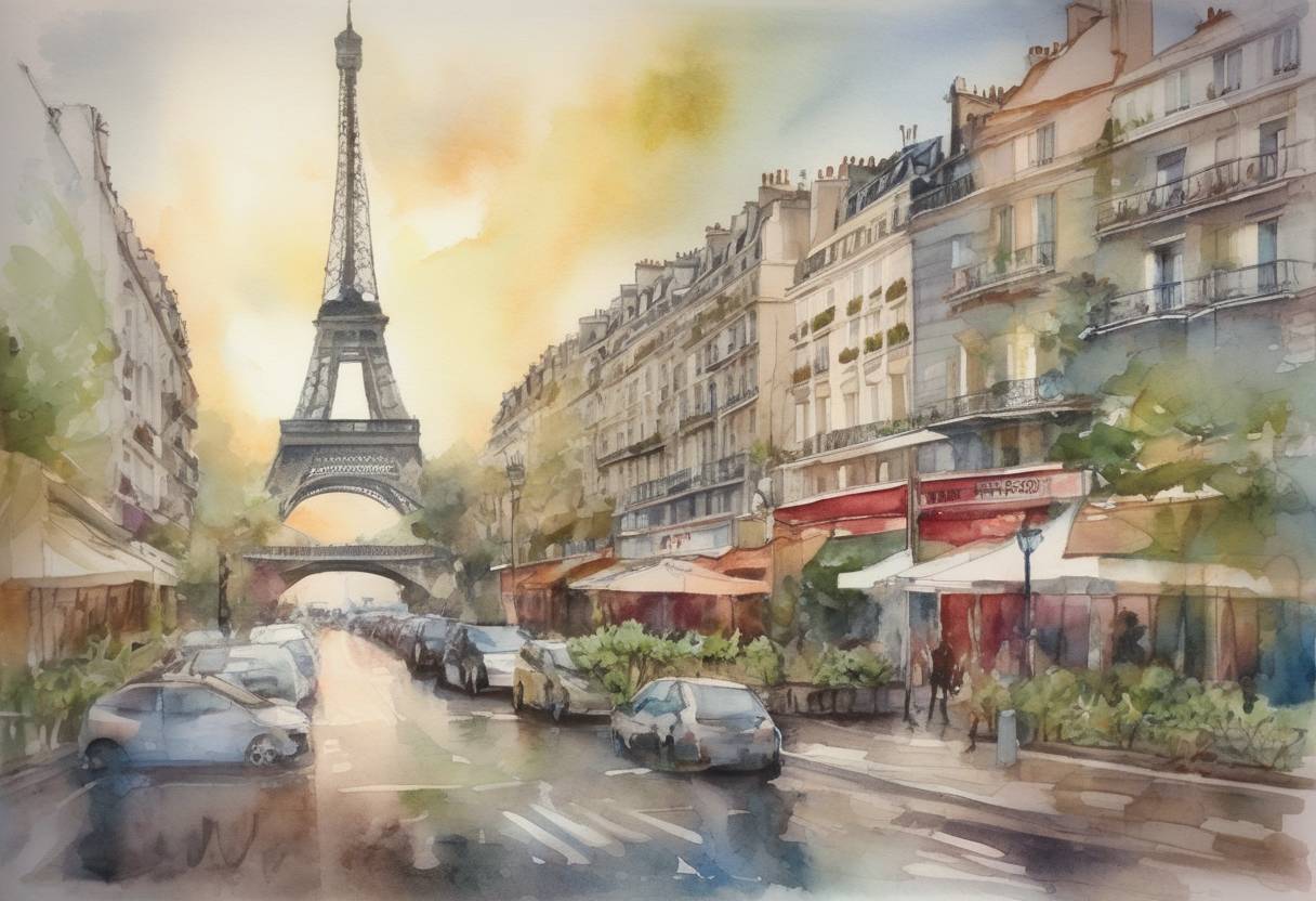 Watercolor painting based depiction of The Paris Agreement is adopted by consensus at the 2015 United Nations Climate Change Conference (COP 21) in Paris, aiming to combat climate change and accelerate actions for a sustainable low carbon future. (2015)