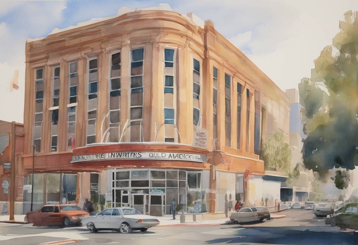 Watercolor painting based depiction of The Writers Guild of America goes on strike, affecting television and film production across the United States. (2007)