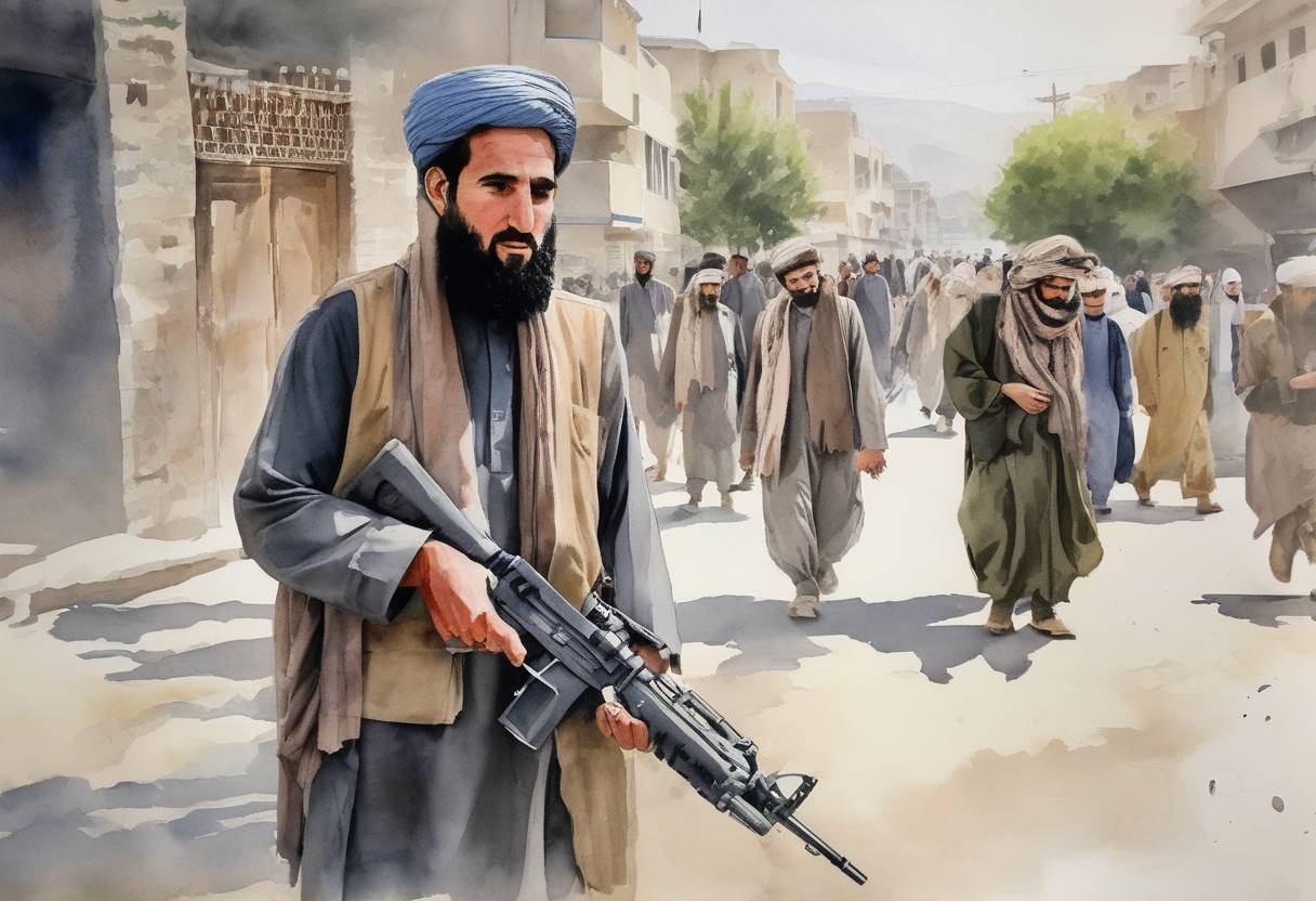 Watercolor painting based depiction of The Taliban announced an interim government in Afghanistan following their takeover of the country in August 2021. (2021)