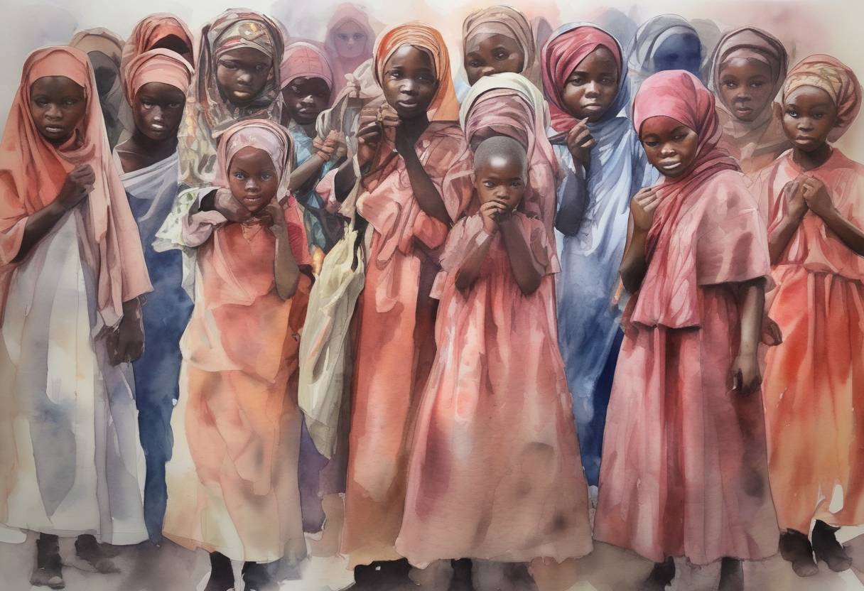 Watercolor painting based depiction of The Nigerian terrorist group Boko Haram kidnapped hundreds of schoolgirls from the town of Chibok, sparking international outrage and the #BringBackOurGirls campaign. (2014)