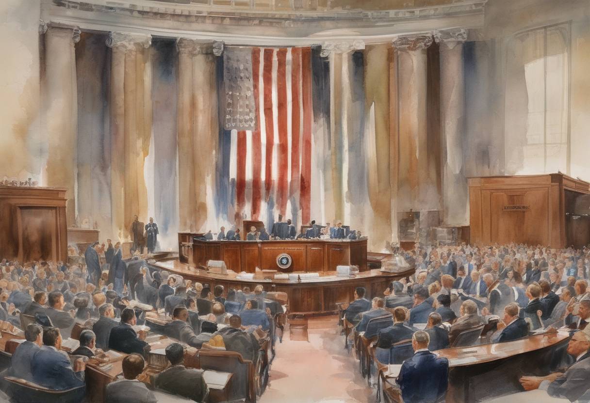 Watercolor painting based depiction of The Civil Rights Act of 1964 is approved by the United States Senate after a lengthy filibuster, paving the way for its eventual passage and signing into law. (1964)