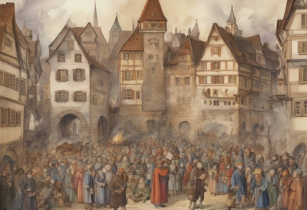 Watercolor painting based depiction of The Jewish population of Basel, Switzerland, was rounded up and incinerated by townspeople who blamed them for the Black Death. (1349)