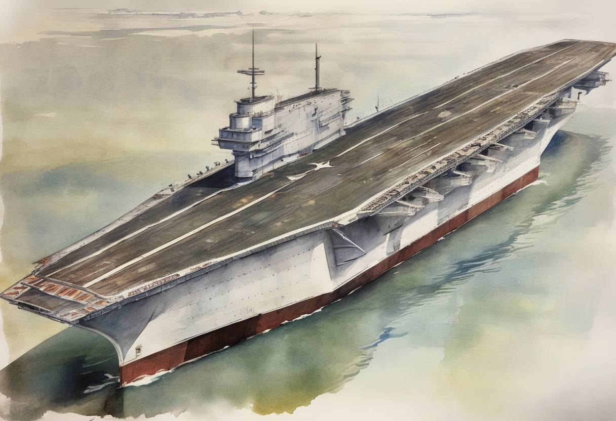 Watercolor painting based depiction of The USS Langley (CV-1), the United States Navy's first aircraft carrier, was commissioned, marking a significant development in naval aviation. (1922)