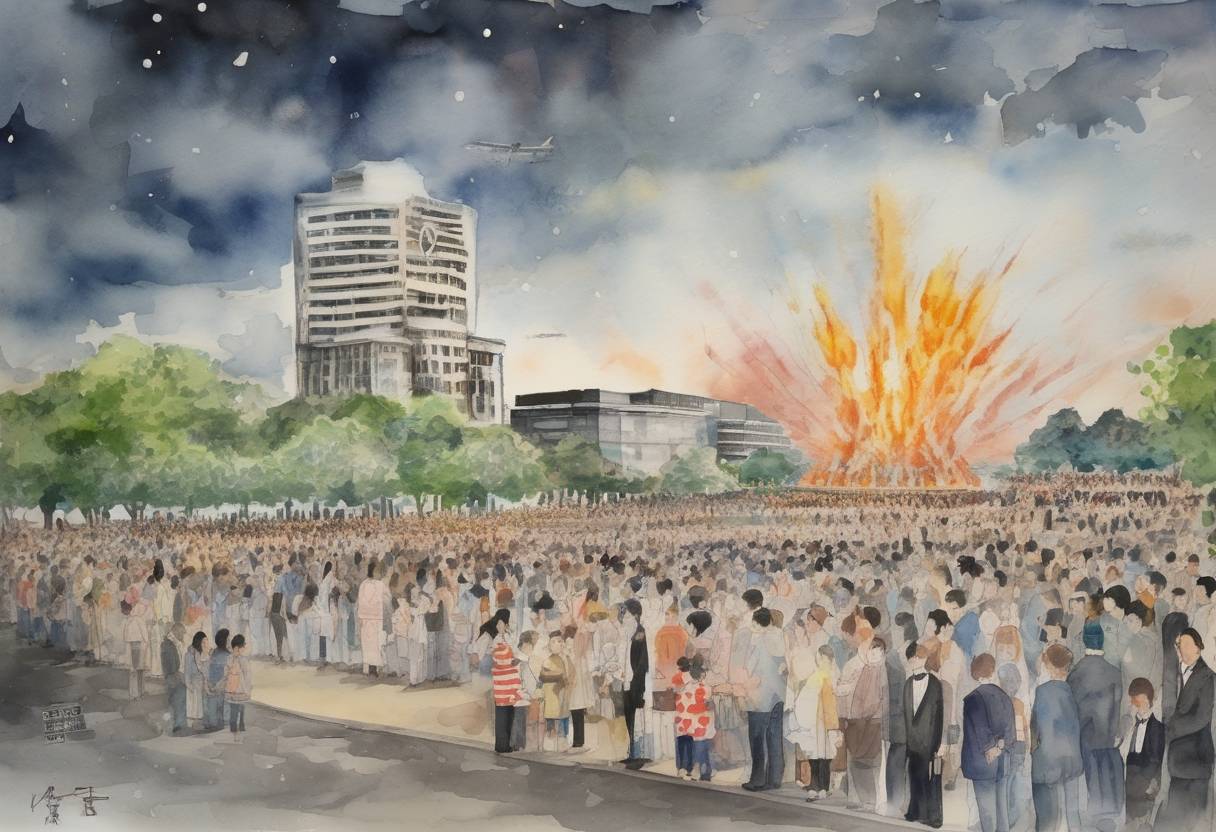 Watercolor painting based depiction of The United States marked the 70th anniversary of the atomic bombing of Hiroshima with a ceremony in the city, attended by representatives from over 100 countries, including the United States. (2015)
