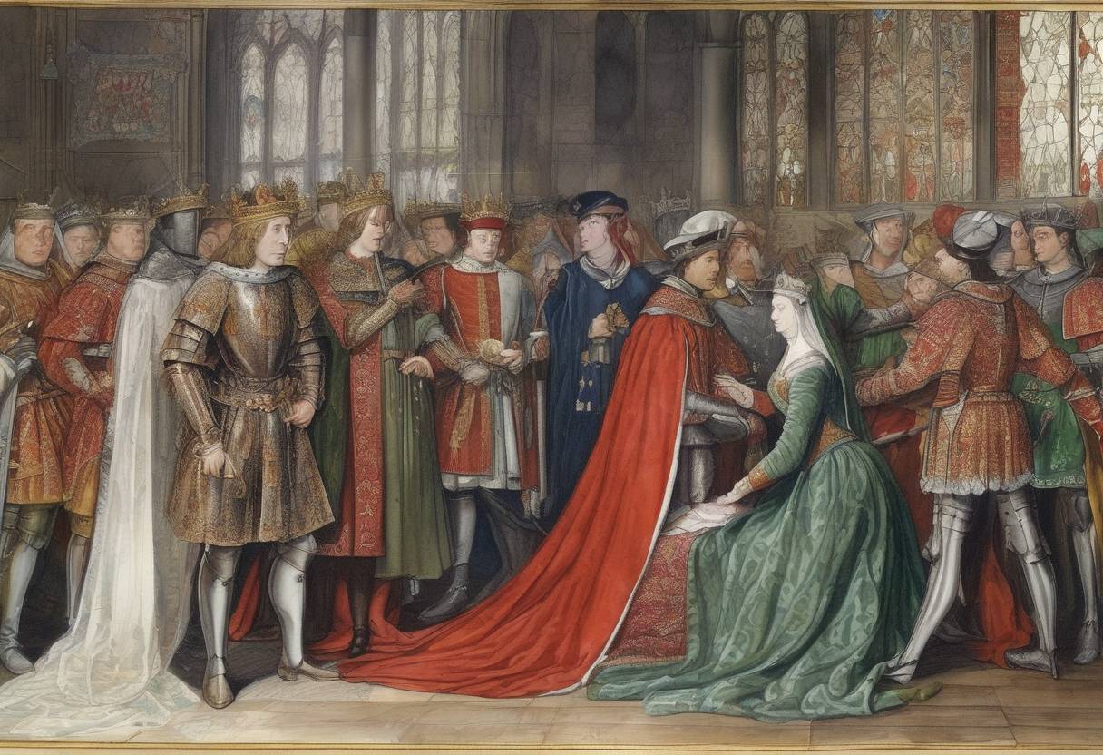Watercolor painting based depiction of During the Wars of the Roses, Henry VI was deposed by the Yorkists and replaced by Edward IV. (1461)