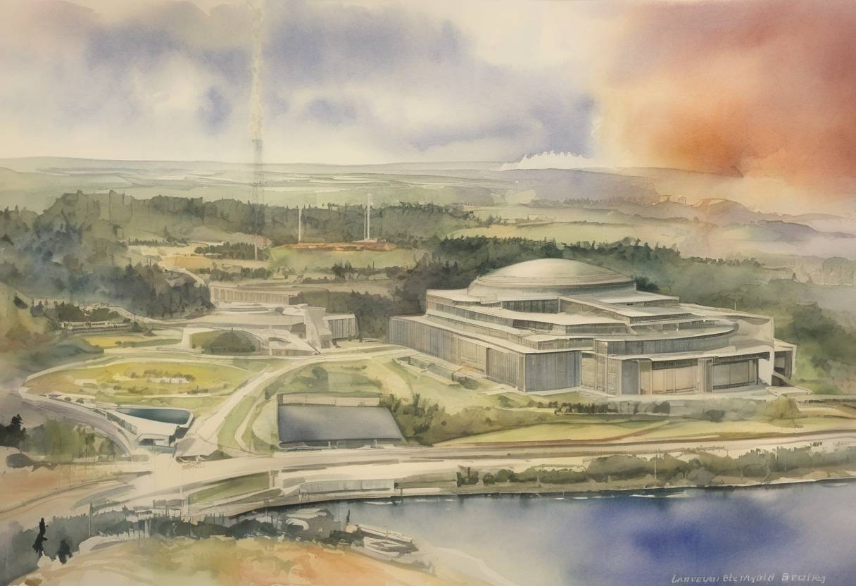 Watercolor painting based depiction of The element Lawrencium was first synthesized at the Lawrence Berkeley National Laboratory. (1961)